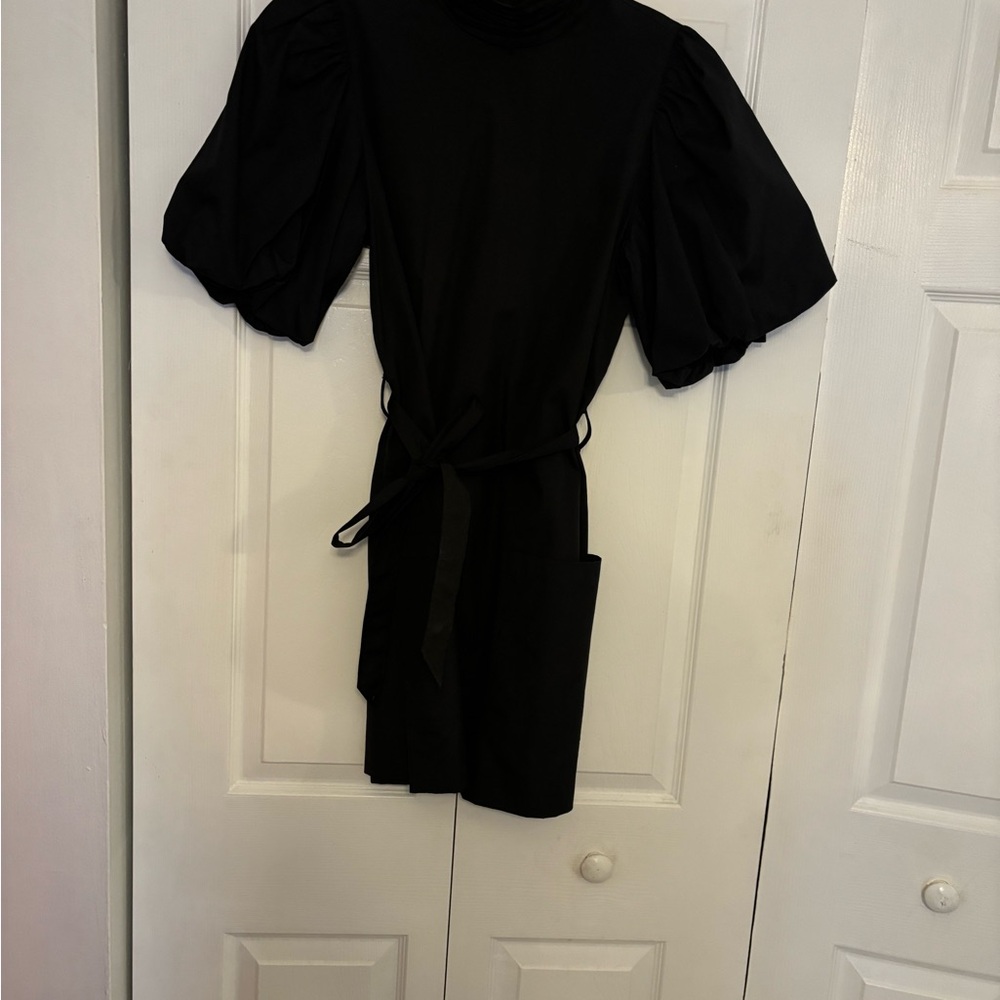 Frame Margot Mock Neck Balloon Sleeves Belted Black Mini Dress With Pockets NWOT - Picture 3 of 15